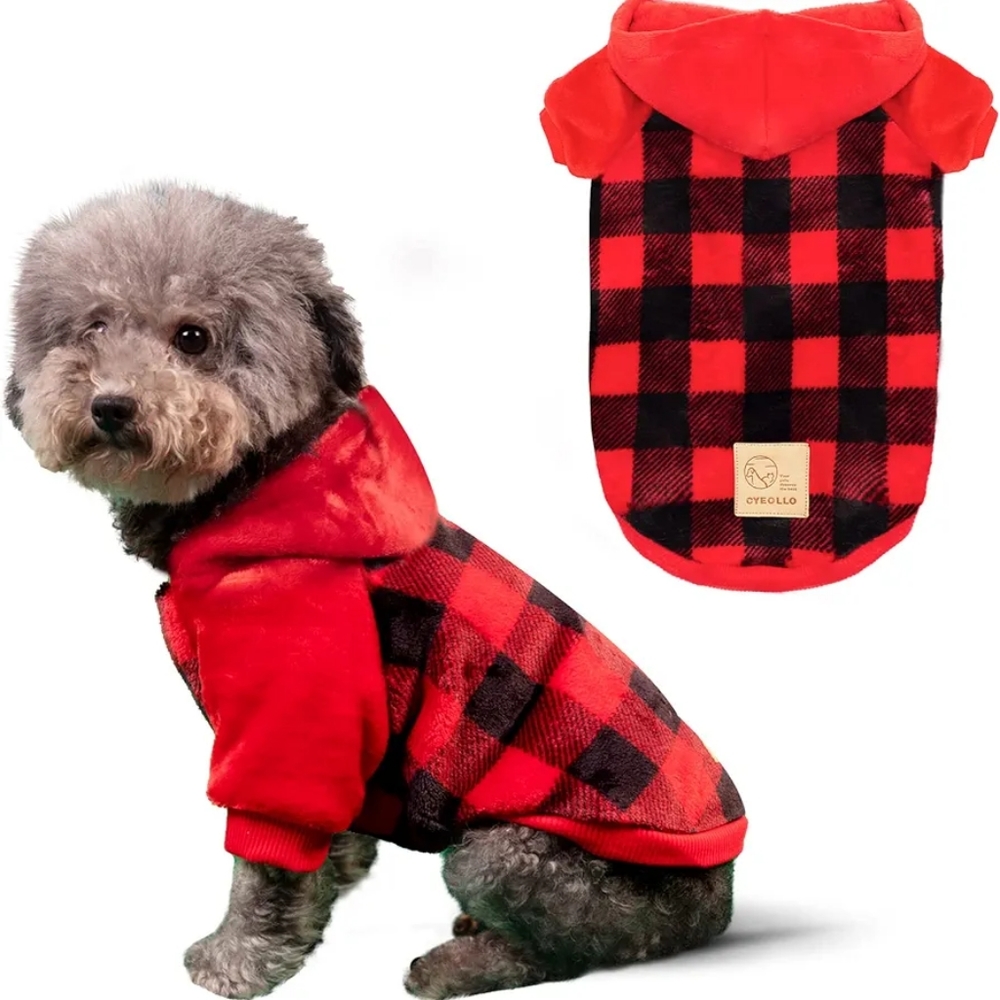 cyeollo Dog Sweater Hoodie Buffalo Plaid Dog Flannel Sweatshirt Winter Thermal